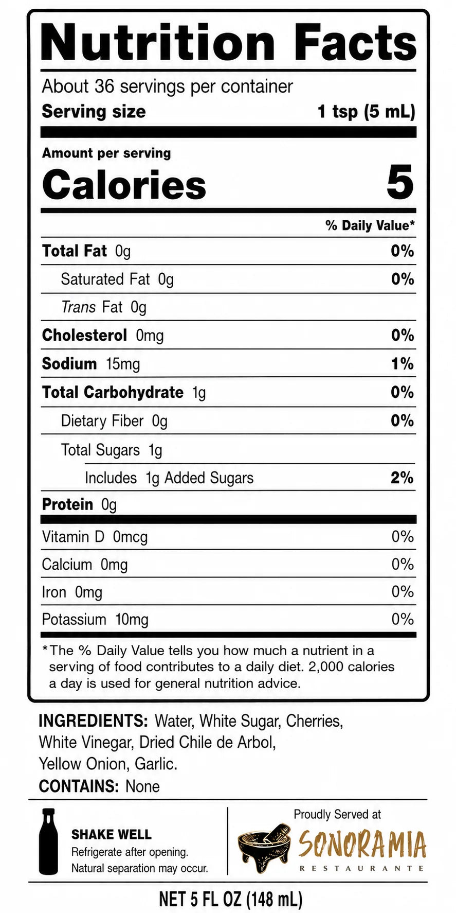 Nutrition label for Cherry de Arbol